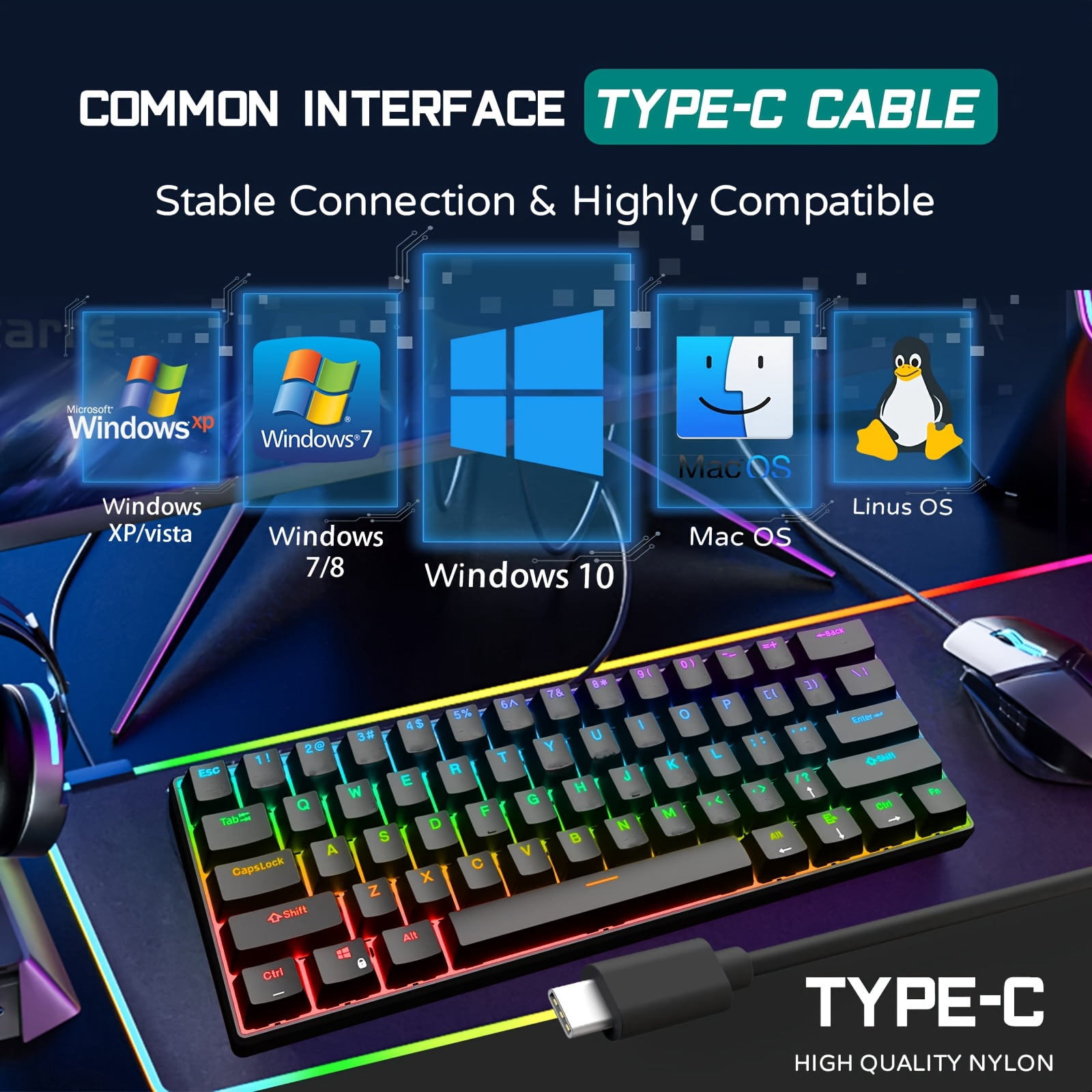 Fanruina Wired 60% Mechanical Gaming Keyboard, ultra-compact 61 keys layout with crisp blue switches