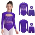thumbnail image 3 of Runhomal Kids Girls Shiny Rhinestone Long Sleeve Gymnastic Leotard Ballet Tumbling Dance Unitard with Shorts Set Purple 12, 3 of 5