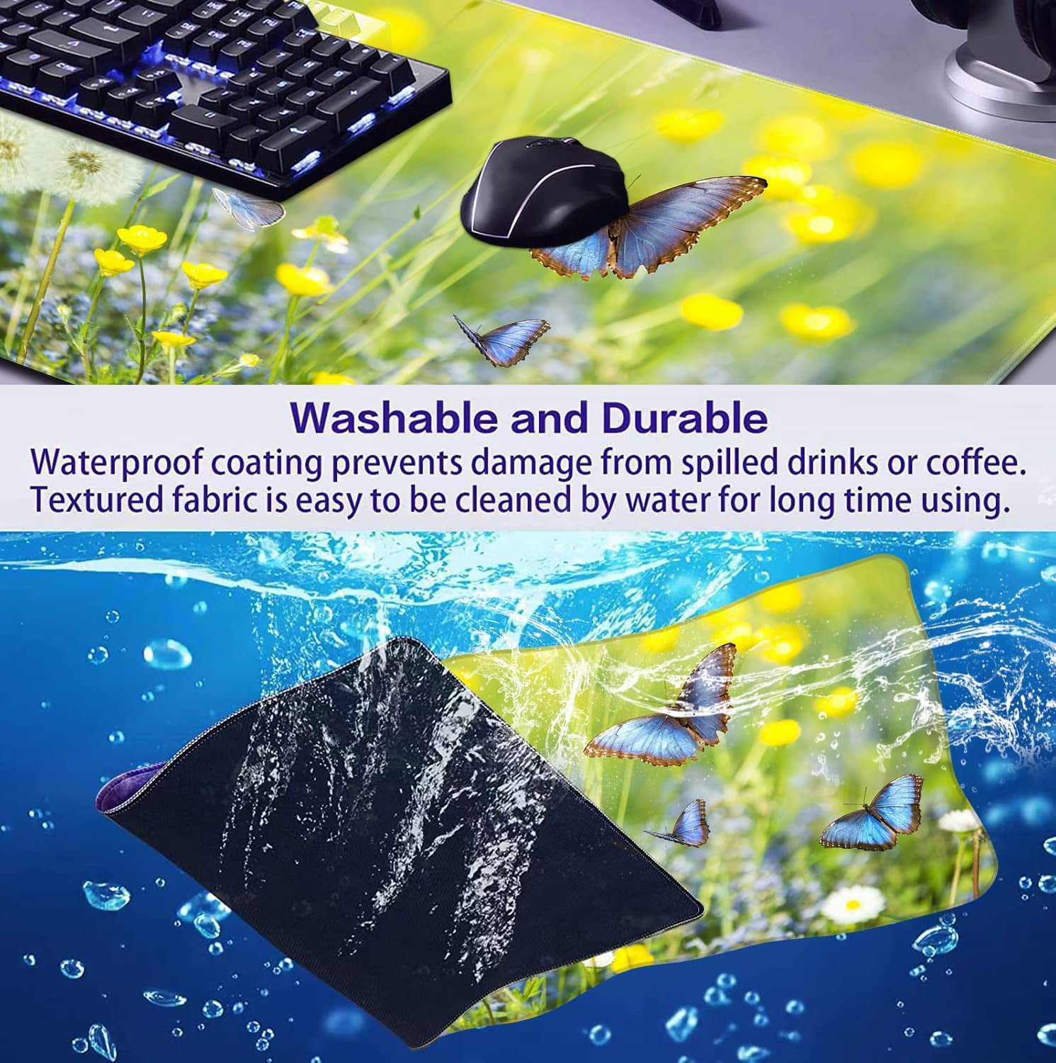 Large Extended Gaming Mouse Pad with Stitched Edges, Non-Slip Waterproof Rubber Base Mouse Pad for Office, Computer, Keyboard, Laptop and Home Desk Pad 35.4 x 15.7 x 0.12 Inch (Butterfly Wildflowers)
