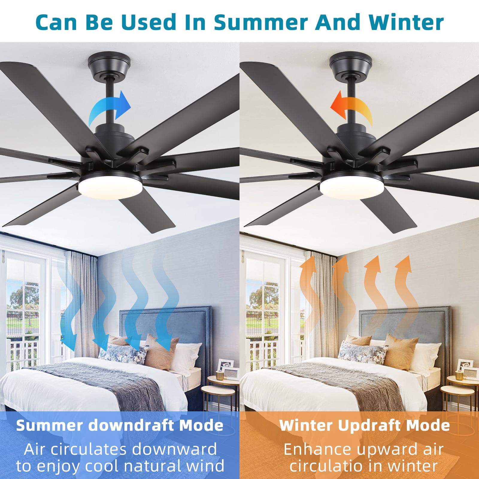 Sofucor 66" Modern Black Ceiling Fan with LED Light, Phone App, Remote, and Voice Control