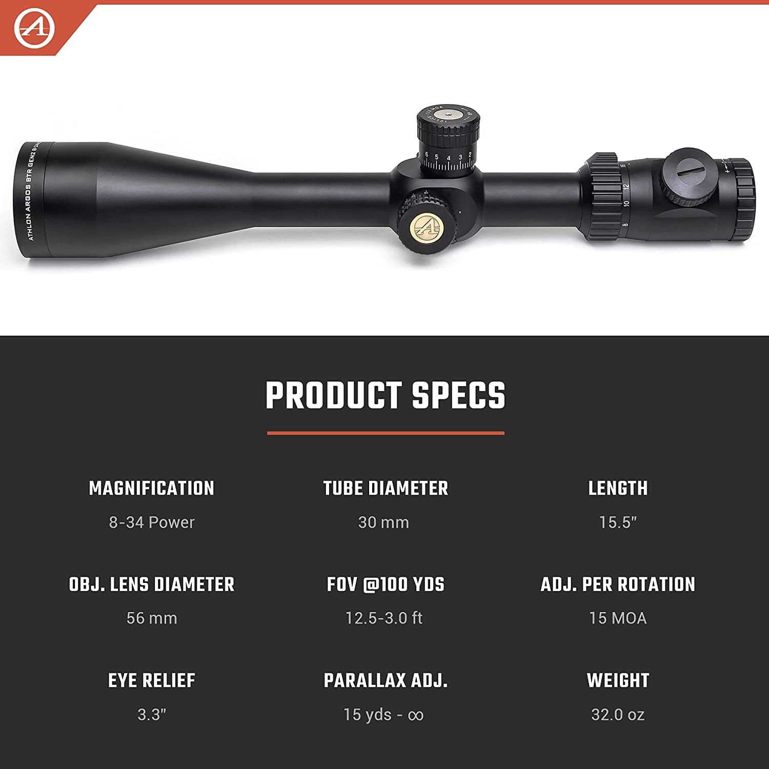 Athlon Optics Argos BTR GEN2 8-34X56 Rifle Scope, First Focal