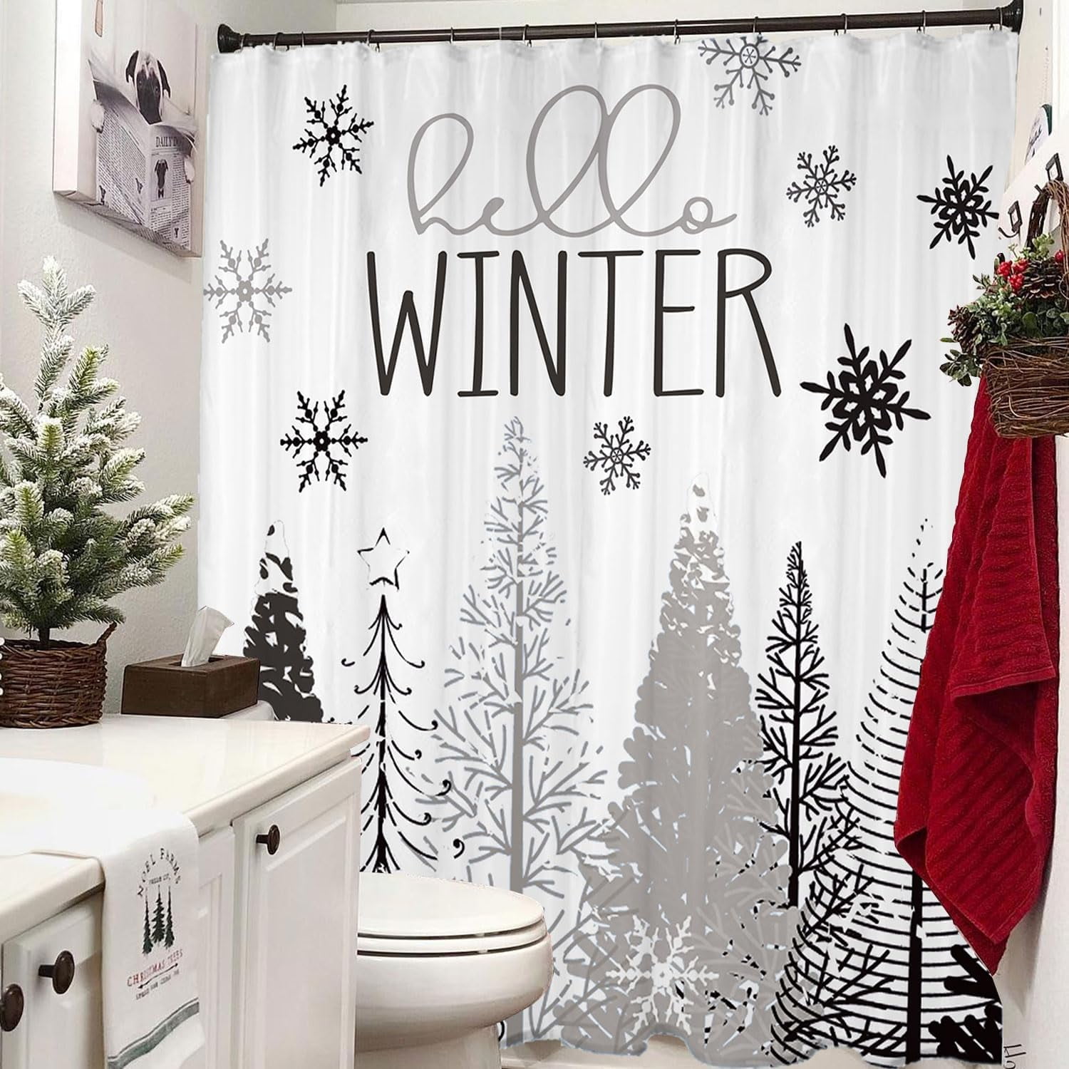 Winter Shower Curtain, 72"X72" Snowflake Shower Curtain, Grey Christmas Shower Curtain Fabric with Hooks, Farmhouse Christmas Tree Bathroom Decor, Holiday Xmas Bathroom Set