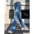 thumbnail image 6 of Women's High Waisted Flare Denim Jeans with Front Patch Pockets and Wide Cuffed Hem, Medium Blue Washed Bootcut Long Pants, 6 of 7