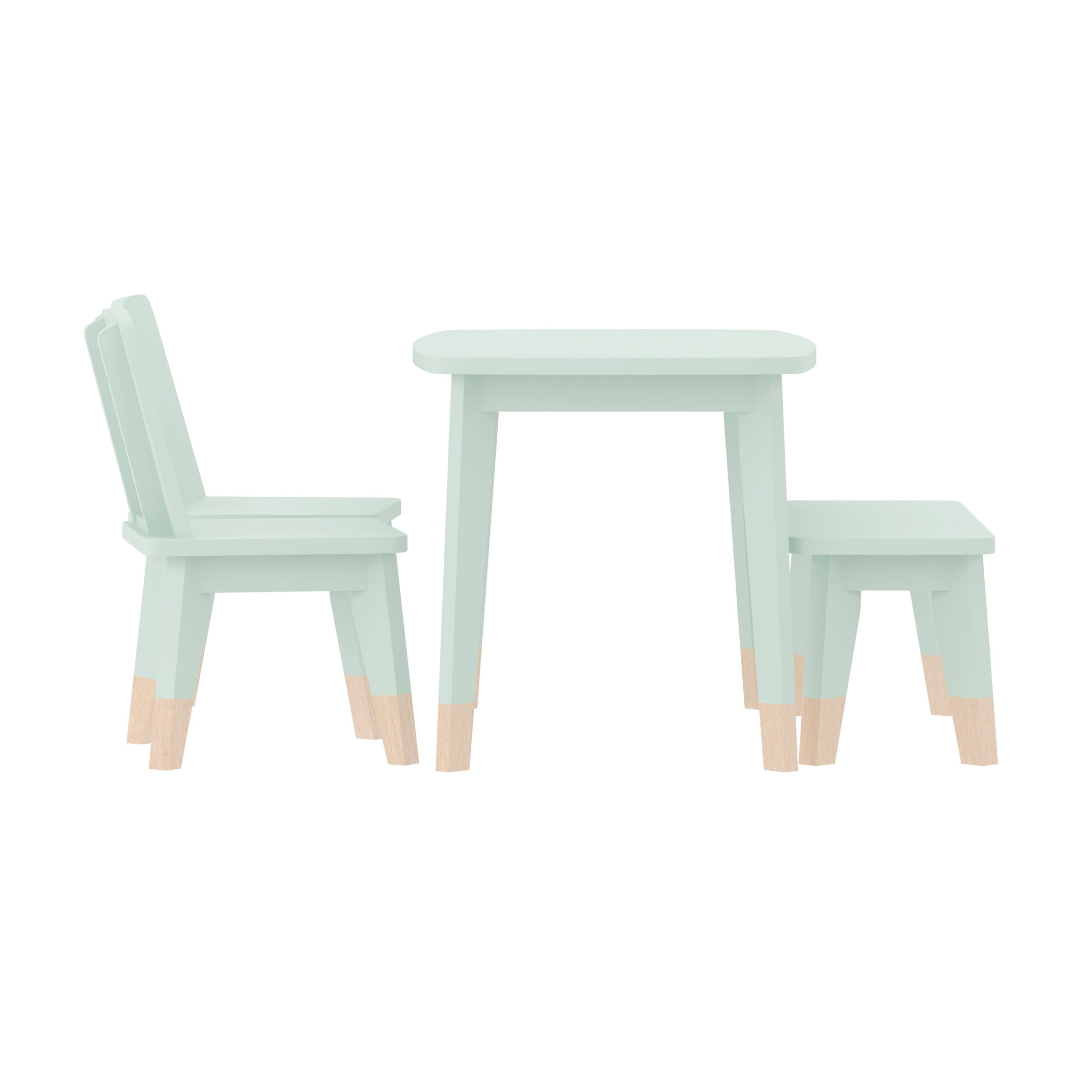 Buzz & Bloom Kids 4-Piece Wood Table, 2 Chairs, and Bench Seating Set with Rounded Corners, Sage/Natural