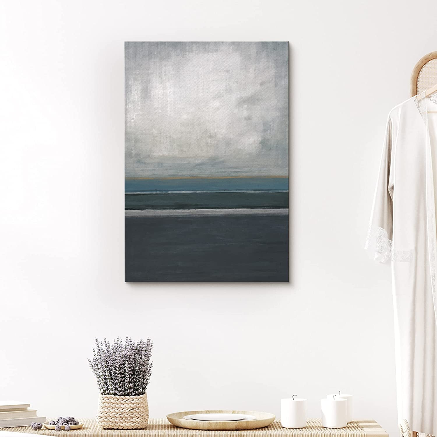 PixonSign Canvas Print Wall Art Gray Abstract Beach Horizon Geometric Wilderness Illustrations Modern Art Minimalist Landscape Relax/Calm Multicolor for Living Room Bedroom Office - 16 x24