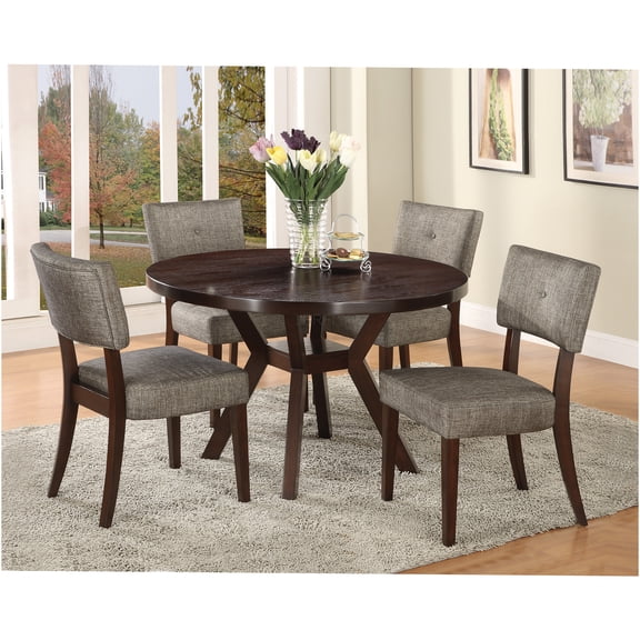 JERFIT 5-Piece Round Dining Set with Table and 4 Chairs, Espresso Finish & Gray Fabric Upholstery for Kitchen and Dining Room