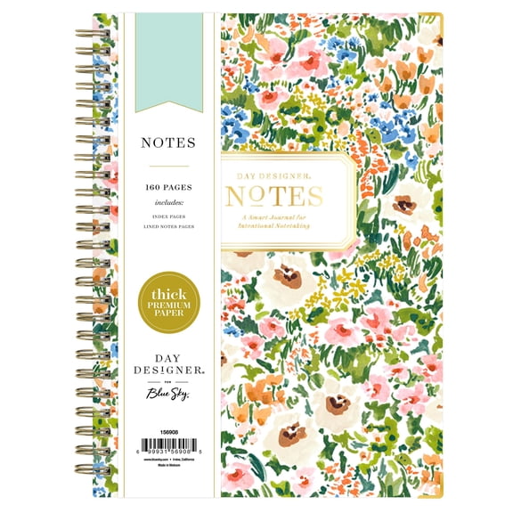 Blue Sky Day Designer Hard Cover Notebook, 5.75" x 8.5" Undated Journal, 160 Lined & Perforated Pages, Includes Index Pages, Gold Durable Twin Wire Binding, For Office and School, Ashley Cottage