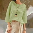 thumbnail image 2 of Htigea Cotton Linen 3/4 Sleeve Shirts for Women Casual Crewneck Tee Pullover Loose Lightweight Beach Vacation Tops Green L, 2 of 8