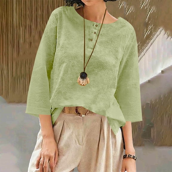 Gamivast Linen Shirts for Women 3/4 Sleeve Henley Neck Loose Blouses Trendy Casual Drop Shoulder Shirt Dressy Solid Colors Spring Summer Outfits