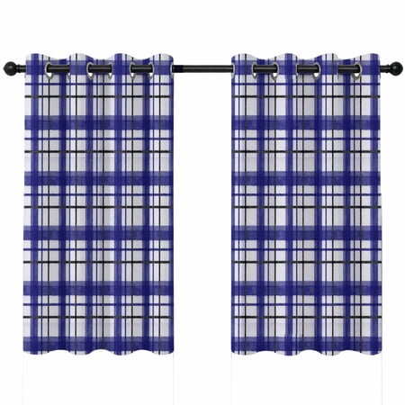 Navy Blue Grid Gingham Blackout Curtains 45 Inches Long Abstract Modern Minimalist Stripe Checked Thermal Insulated Room Darkening Drapes with Grommets for Living Room 52 W x 45 L 2 Panels