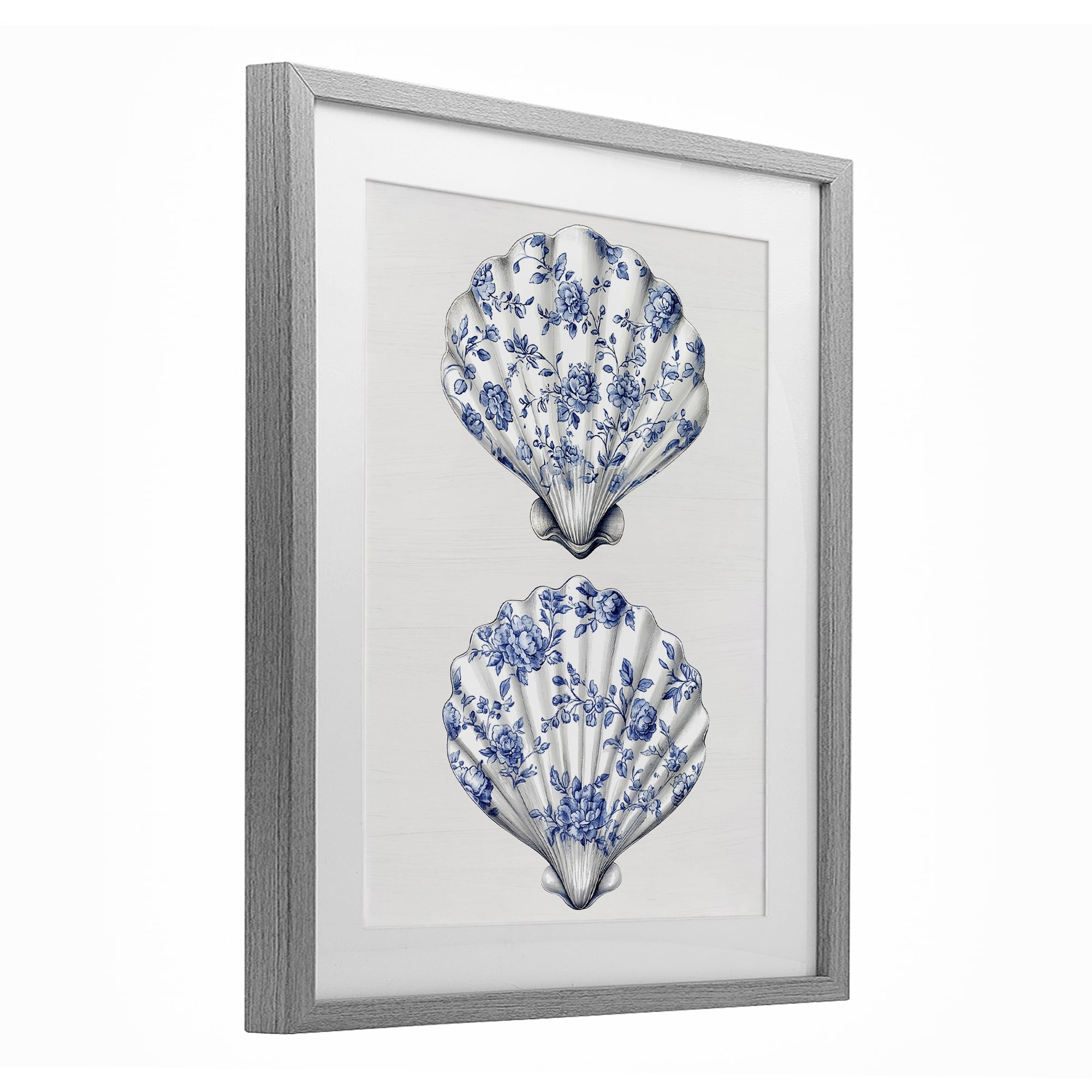Delicate Toile Seashells Gray Framed Print Under Glass, design by Lettered and Lined