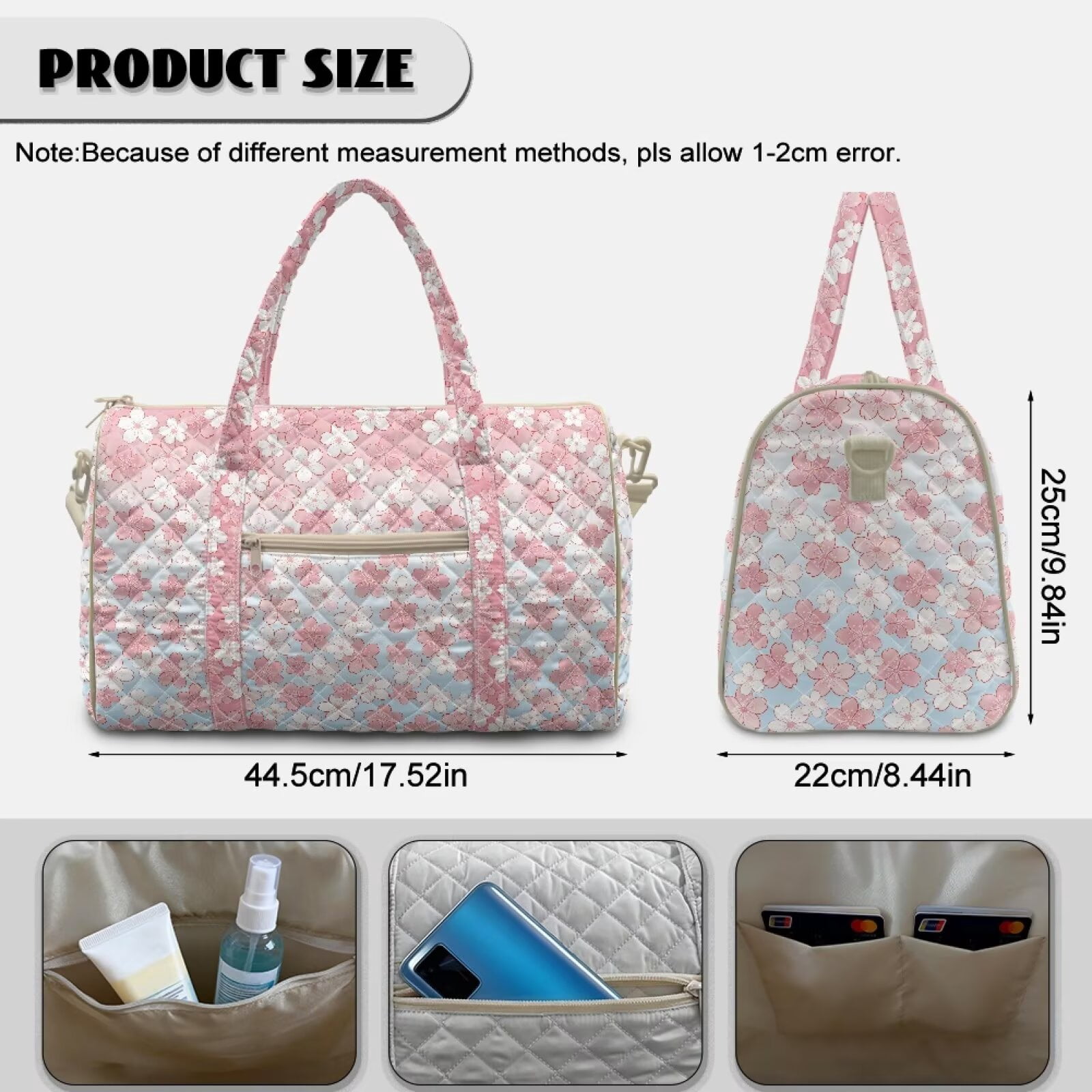 Pzuqiu Cherry Blossom Large Quilted Weekender Bag for Women, Lightweight Soft Puffy Duffle Carry On Tote, Travel Overnight Gym Luggage Bag with Adjustable Strap Portable