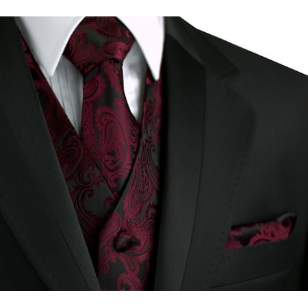 Italian Design, Men's Formal Tuxedo Vest, Tie & Hankie Set for Prom, Wedding, Cruise in Berry