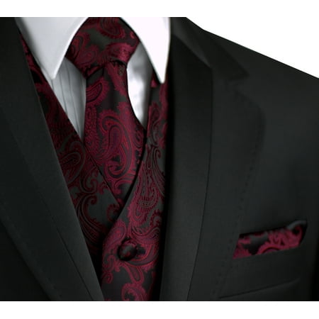 - Italian Design, Men's Formal Tuxedo Vest, Tie & Hankie Set for Prom, Wedding, Cruise in Berry Paisley