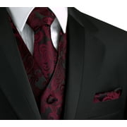 Italian Design, Men's Formal Tuxedo Vest, Tie & Hankie Set for Prom, Wedding, Cruise in Berry Paisley
