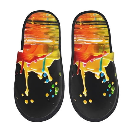 Balery Vibrant Color Splash Slient Indoor Furry Fleece Comfort House Shoes Soft Non-Slip Home Shoes Cotton slippers House Slippers-- Large