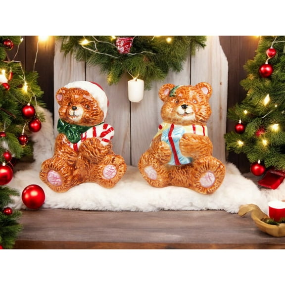 Ceramic Christmas Themed Vintage Teddy Bear Salt and Pepper Shakers, Christmas Decor, Gift for Her, Gift for Mom