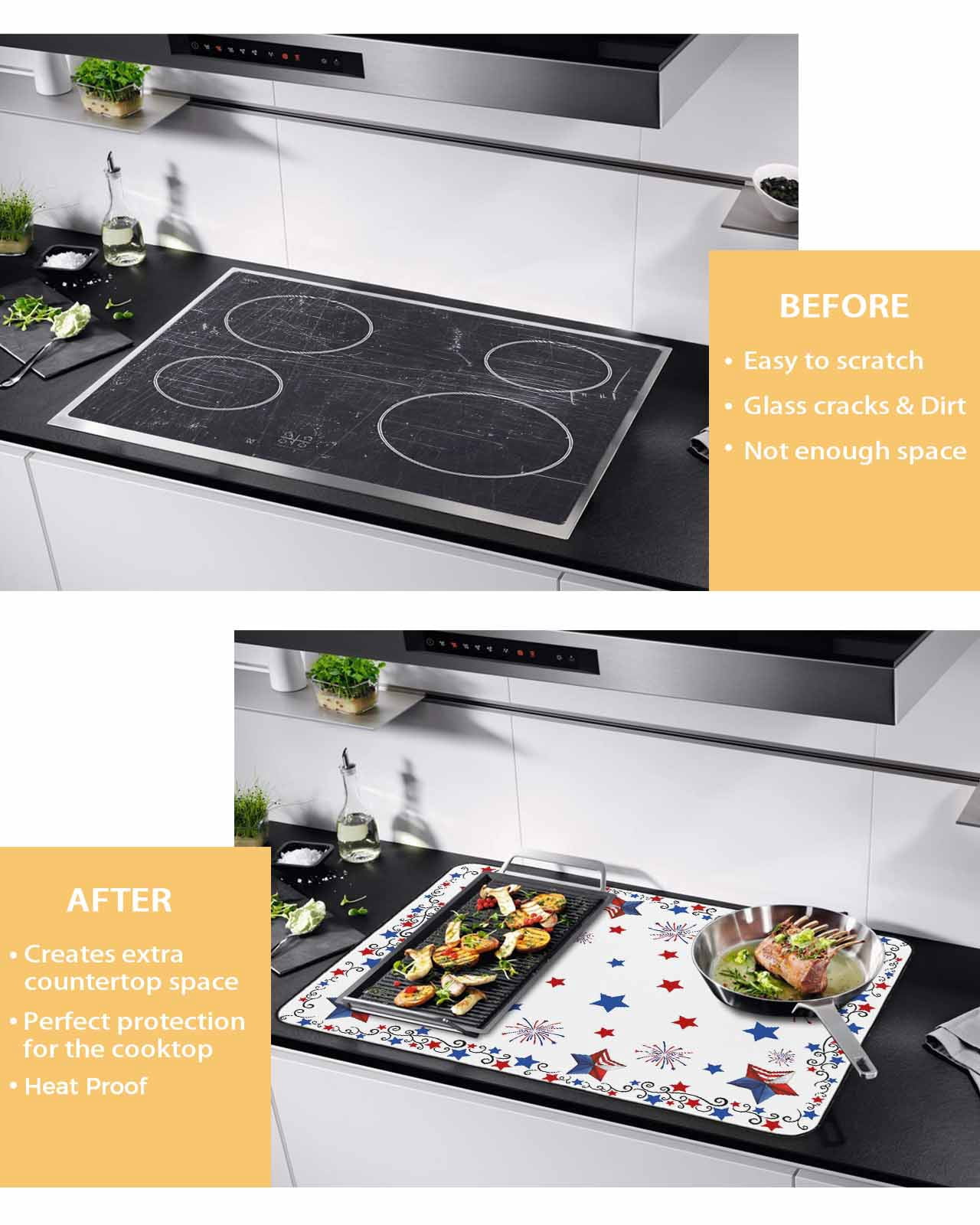 Large Induction Cooktop Protector Mat Independence Day Stove Top Covers for Electric Stove, 4th of July Blue Red Star Fireworks Decorative Stove Burner Cover Mats, Glass Top Stove Cover