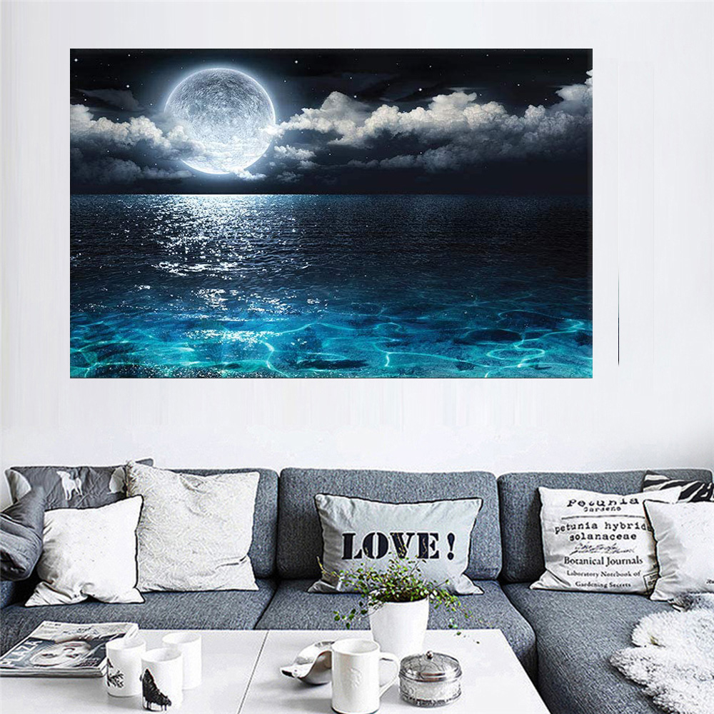 Moon Over Sea Canvas Wall Art Dark Blue Sea Painting Landscape Artwork Home  Decoration for Living Room Bedroom Office Framed Ready to Hang