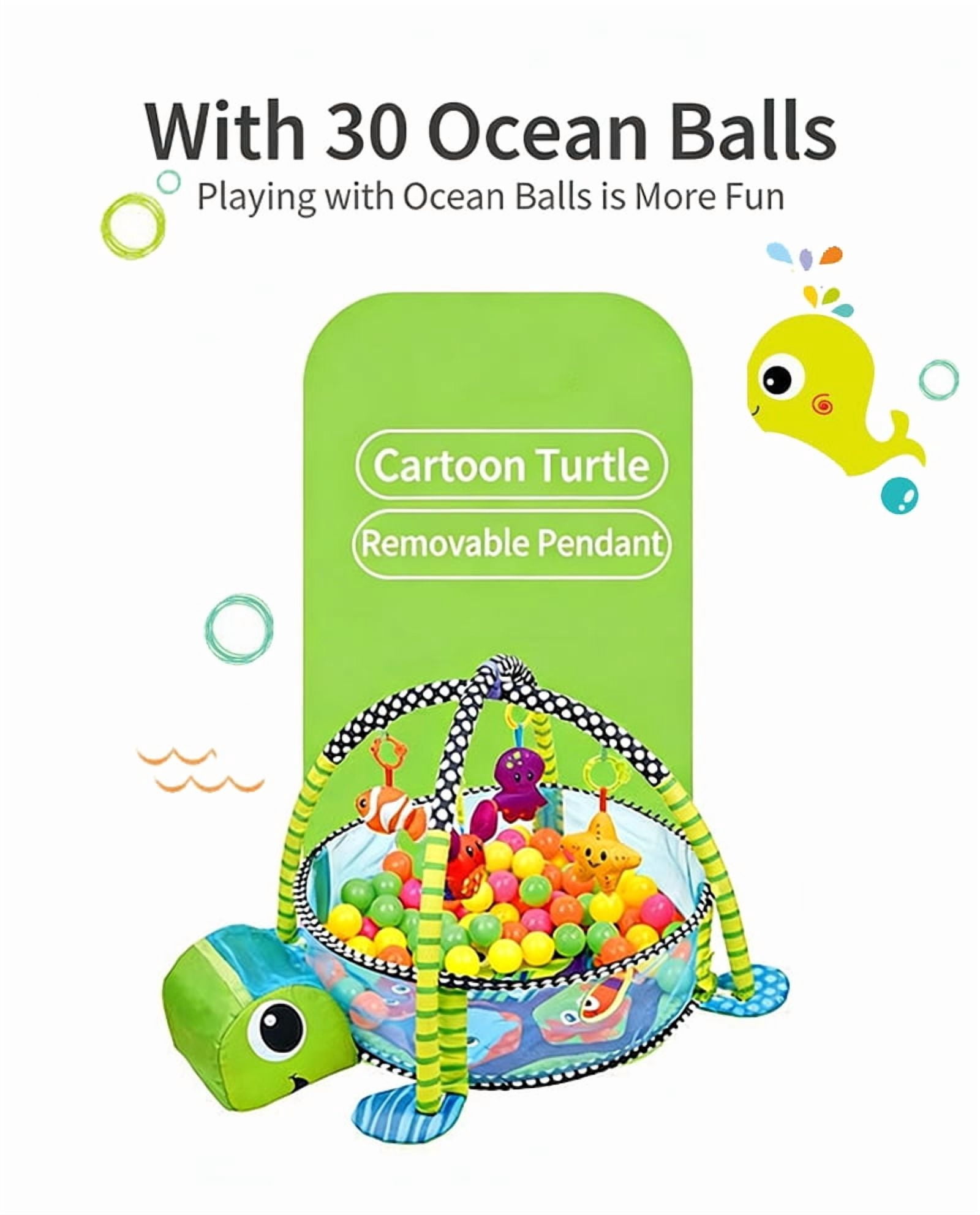 Cochildor Baby Play Gym Mat, 4 in 1 Turtle Tummy Time Activity Mat for Babies, with 30 Balls & 4 Detachable Sound Toys, Newborn Gift for Toddler Infants Age 0-36 Months