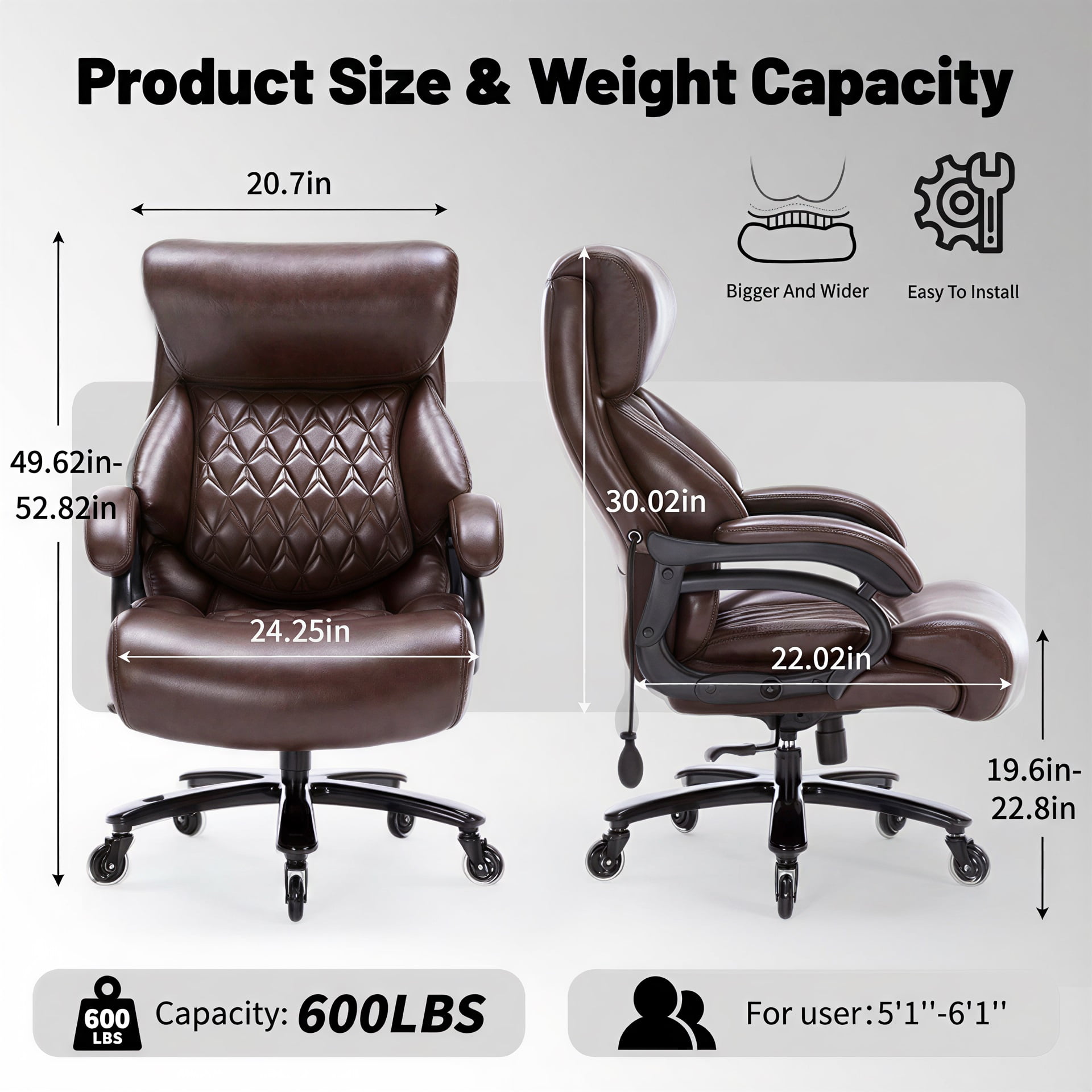Bananova Big and Tall Office Chair 600 lbs, Extra Wide PU Executive Desk Chair with Adjustable Lumbar Support, High Back Ergonomic Computer Chair with Rocking , Thick Cushion for Home Office, Brown
