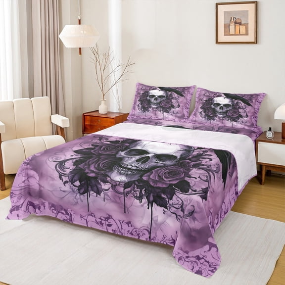 Manfei Adult Skull Skeleton Twin Sheet Sets, Gothic Romantic Twin Fitted Sheet, Rose Flower Floral Flat Sheet, Lightweight Room Decor, 3-Piece