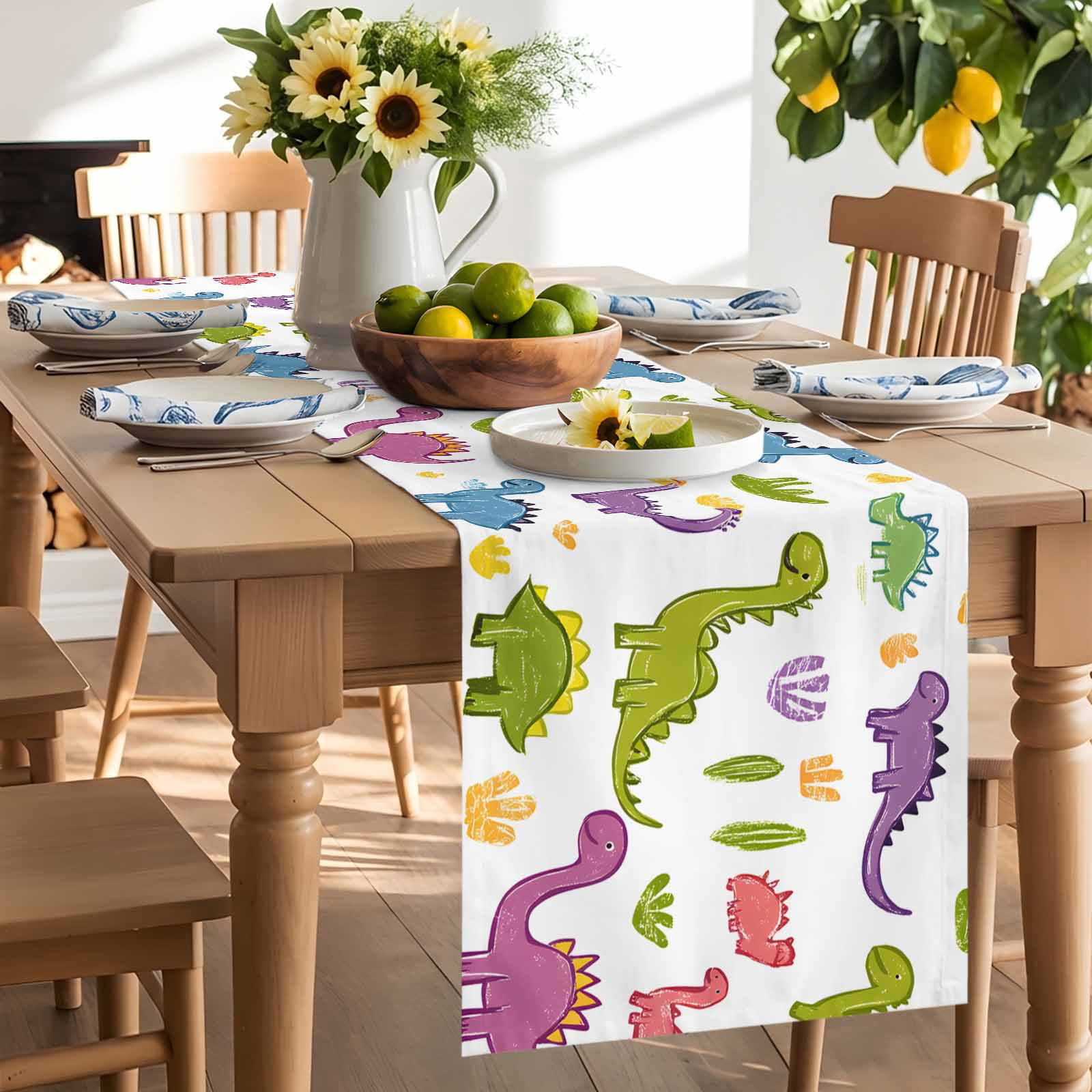 Modern Abstract Colorful Dinosaur Table Runner 90 Inches Long, Classical Cartoon Animal Table Runners Tabletop Scarf Kitchen Dining Tables Decoration for Home Party Indoor Outdoor