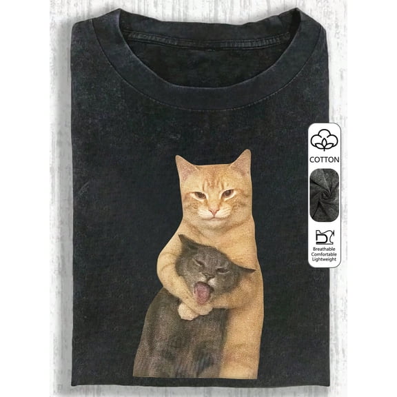 Funny Orange Cat Hugging Gray Cat Vintage Oversized Washed High Street Grunge Y2K Short Sleeve Crewneck Cotton Unisex Men's Women's Tee Shirt