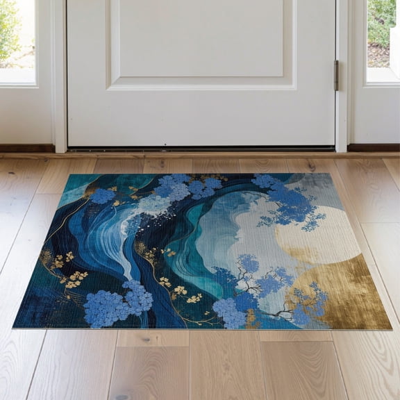 ODIKA 2'x3' Washable Accent Rug Round Ocean Navy Wave Abstract Hydrangea Circle Contemporary for Bedroom, Nursery, RV, Pet Friendly, Bedside Mat