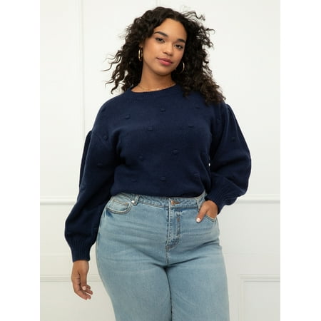 ELOQUII Elements Women's Plus Size Fashion Bobble Balloon Sleeve Sweater
