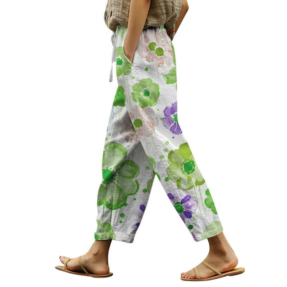 Travel Outfits Women Airport Women's Summer Printed Linen Drawstring Elastic Waist Pants Lightweight Straight Leg Casual Trousers With Pockets For Vacation And Women Casual Pants Suits Green M