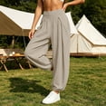 thumbnail image 2 of Women Solid Double Crinkle Elastic High Waist Jogger Pants, Side Pockets Loose Daily Casual Long Trousers Beige M(M), 2 of 9