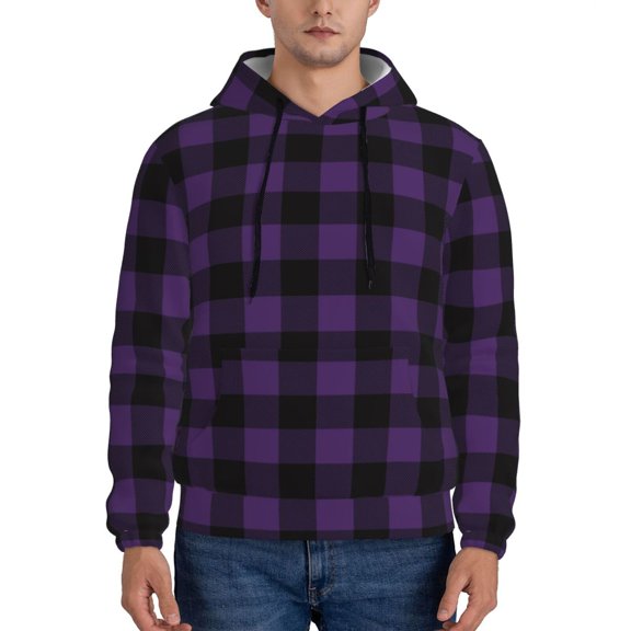 Honeii Purple Black Plaid Pattern Mens Hoodies Men's Loose Sleeve Sweatshirt,Pullover Hooded Sweatshirt for Men,Essentials Hoodie-Small