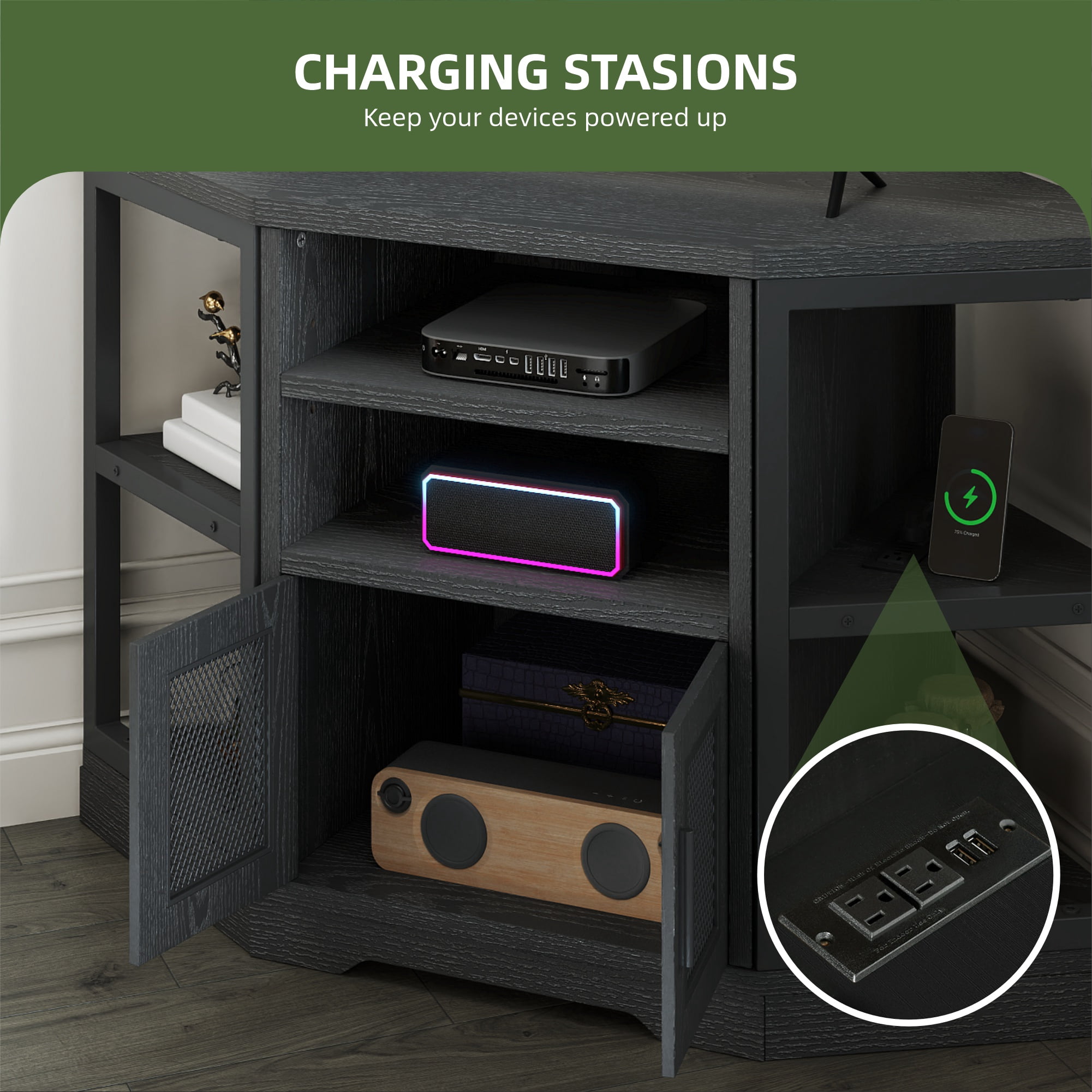 Uforic Corner TV Stand for TVs up to 55", Farmhouse Entertainment Center with Power Outlet, Black