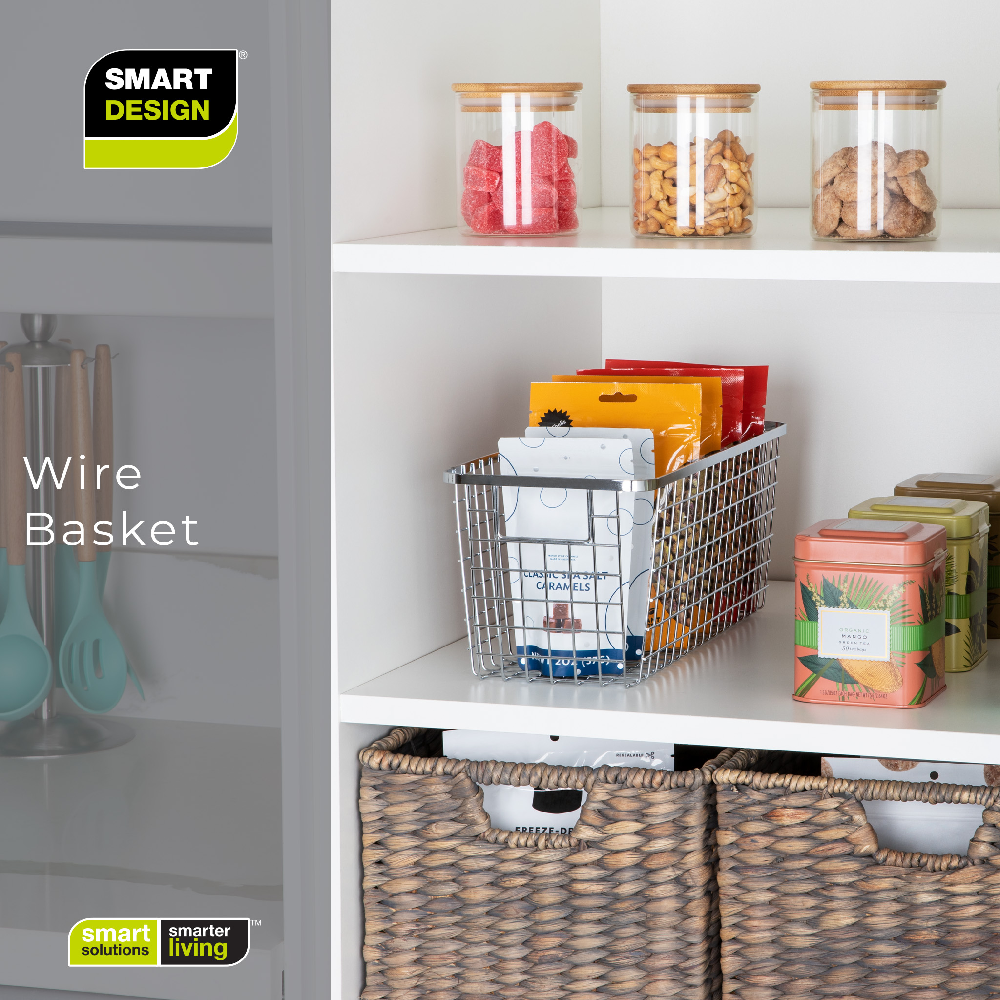 Smart Design Nestable Basket Organizer with Handles - 6 x 16 x 6 inches - Chrome - Set of 4