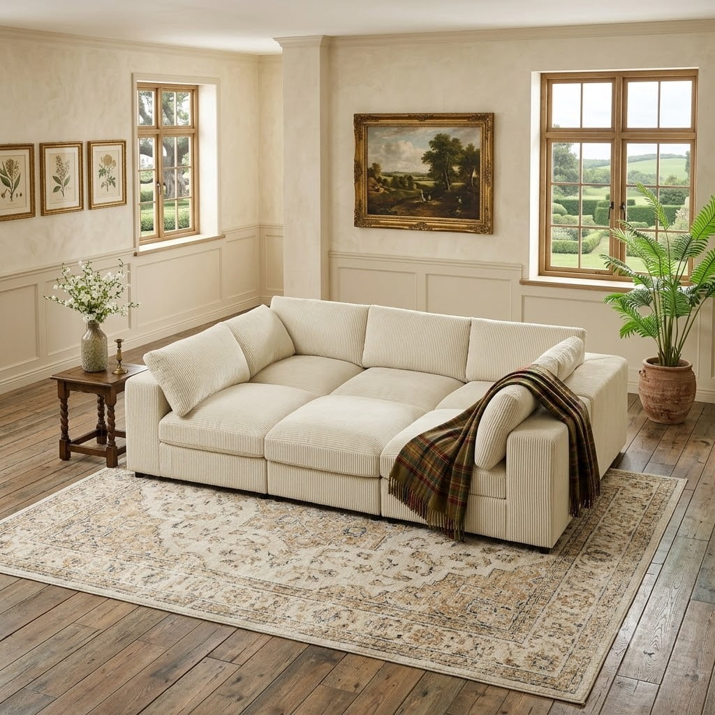 Howcool Cloud Couch Modular Sectional Sofa 6 Seat 122" L Shaped Reversible Convertible Couch, Corduroy Thick Cushion with Storage Ottomans, Washable Removable Cover for Living Room,Beige