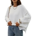 thumbnail image 4 of Women Autumn Loose Knitwear, Solid Color Long Sleeve Round Neck Slit Hem Elegant Sweater, 4 of 10