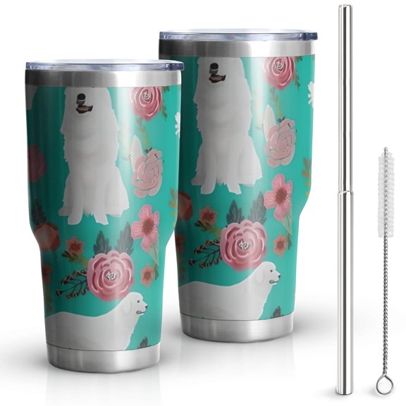 30oz Great Pyrenees Dog and Pioneer Flower Tumblers Stainless Steel Tumbler with Lid and Straw,Vacuum Insulated Double Wall Travel Tumbler Cups Mug with Cleaning Brush for Coffee,Tea
