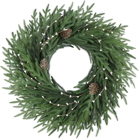 Guvpev 24" Christmas Norfolk Pine Wreath, Christmas Wreaths for Front Door, Realistic Winter Pine Wreath with Pine Cones & Berries for Wall, Window, Mantel, Porches, Indoor Outdoor Xmas Decor