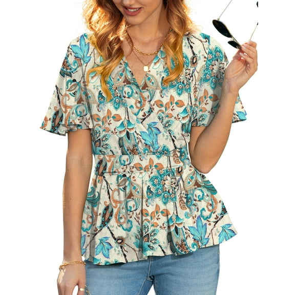 JYLFC Peplum Tops for Women Ruffle Short Sleeve V Neck Tunic Wrap Blouse, L