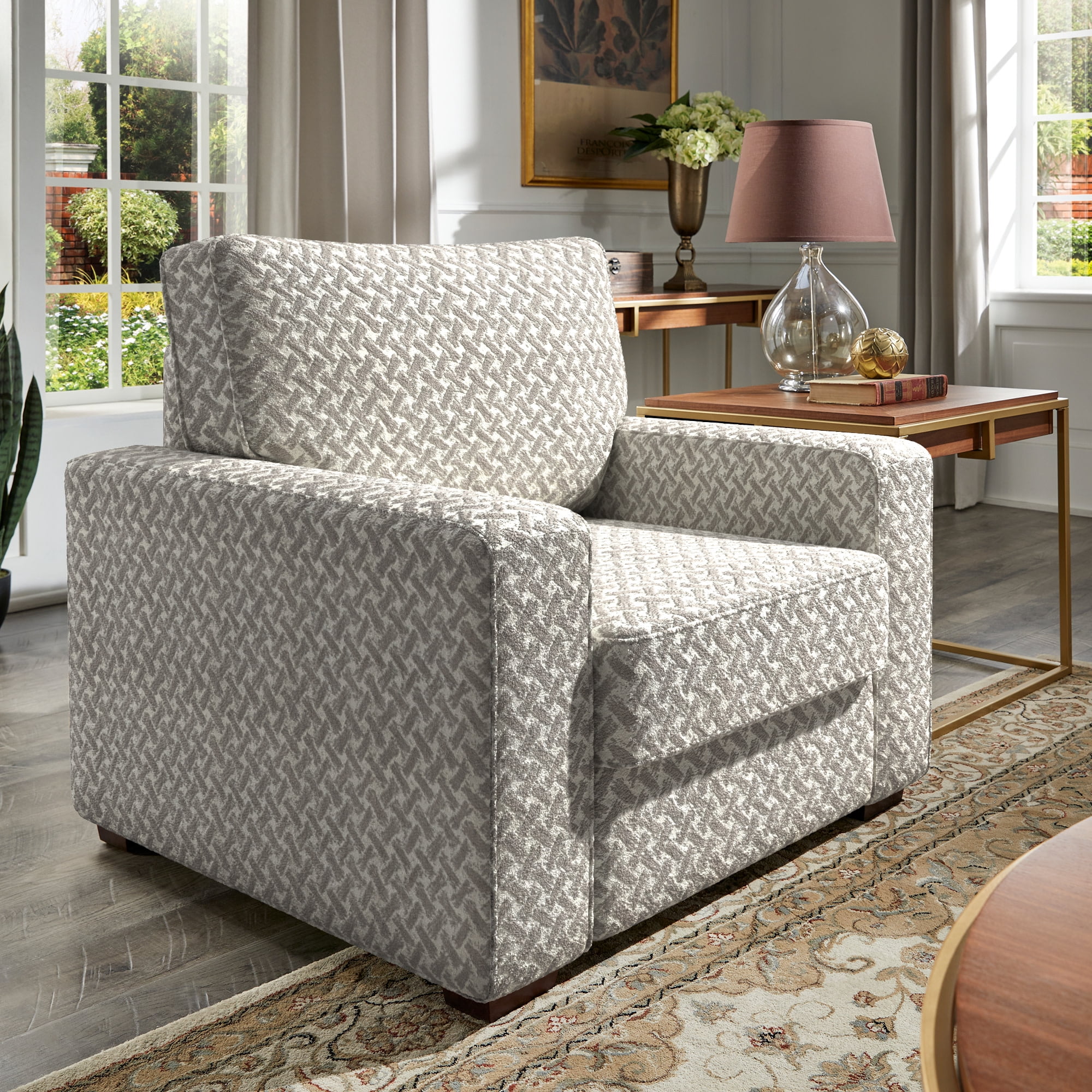 Weston Home Svolvar Modern Fabric Upholstered Square Arm Accent Chair, White/Gray Herringbone Pattern Fabric