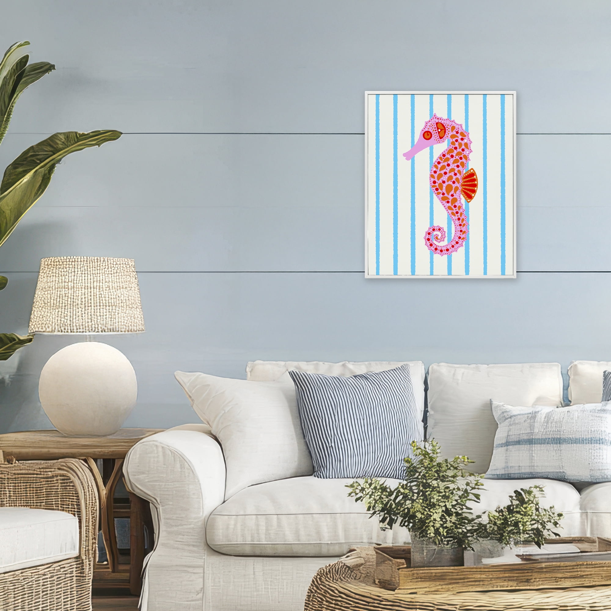 Stupell Industries Boho Seahorse on Stripes White Framed Giclee Art, design by Indira Prieto | IndySign