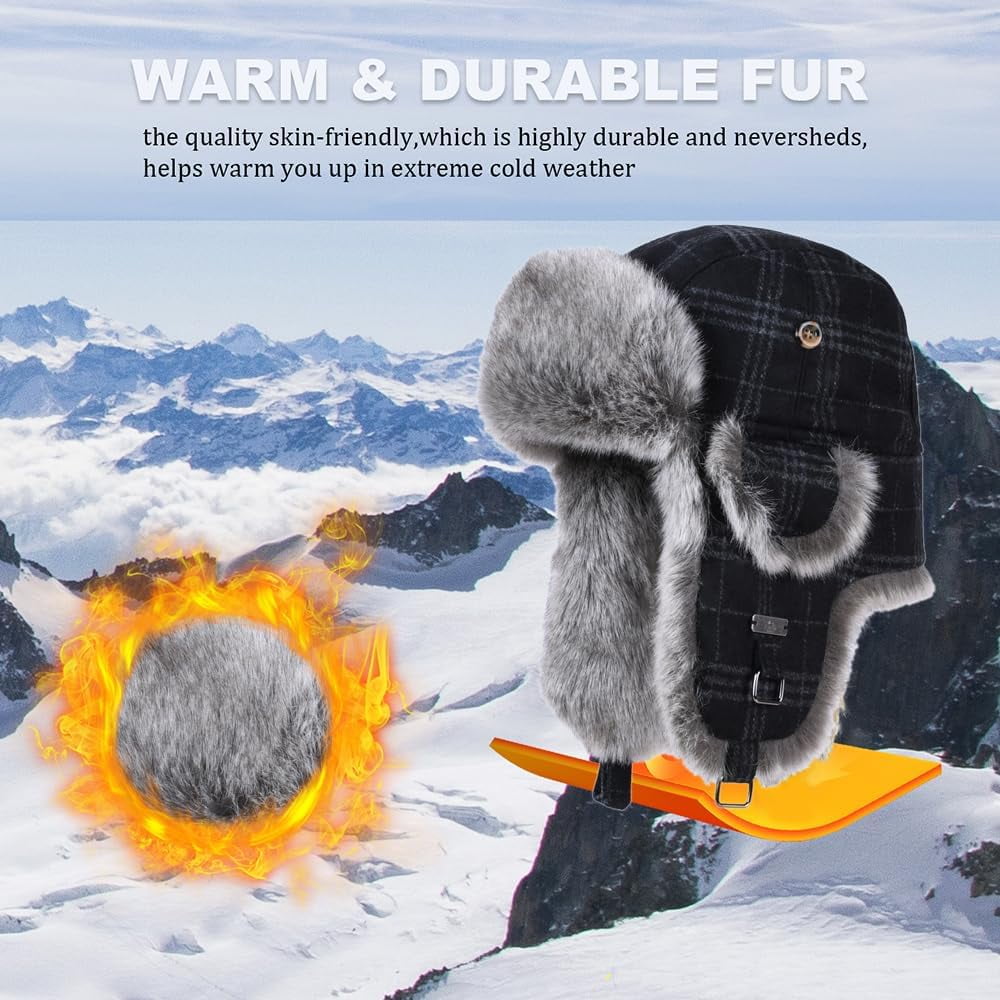 Fur Winter Trapper Hat,Wool Faux Fur Aviator Ski Trapper Trooper Pilot Snow Eskimo Hat with Ear Flaps for Men & Women