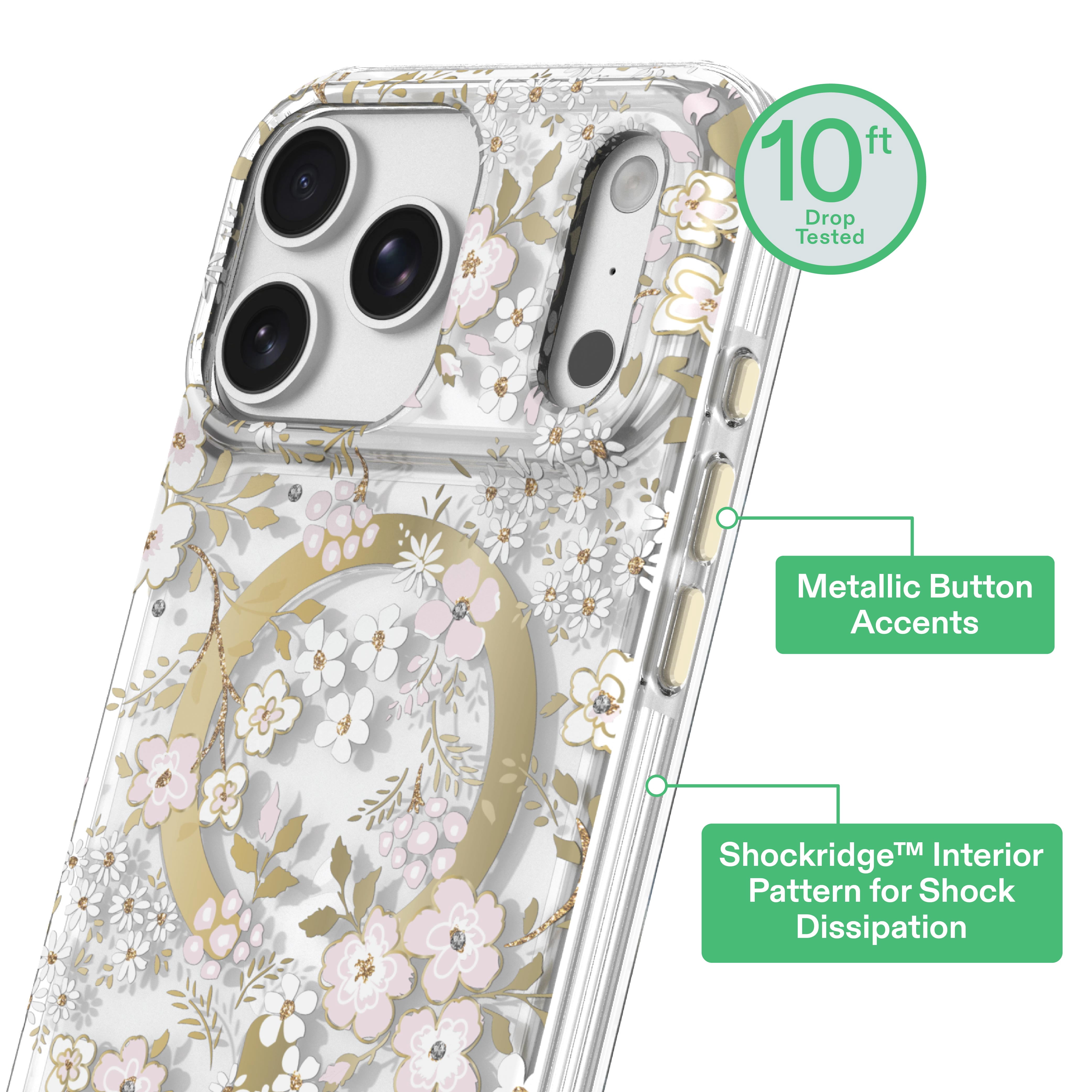 onn Phone Case for iPhone 18 Pro Max / 17 Pro Max, MagSafe Compatible - Pink & White Floral with Gems