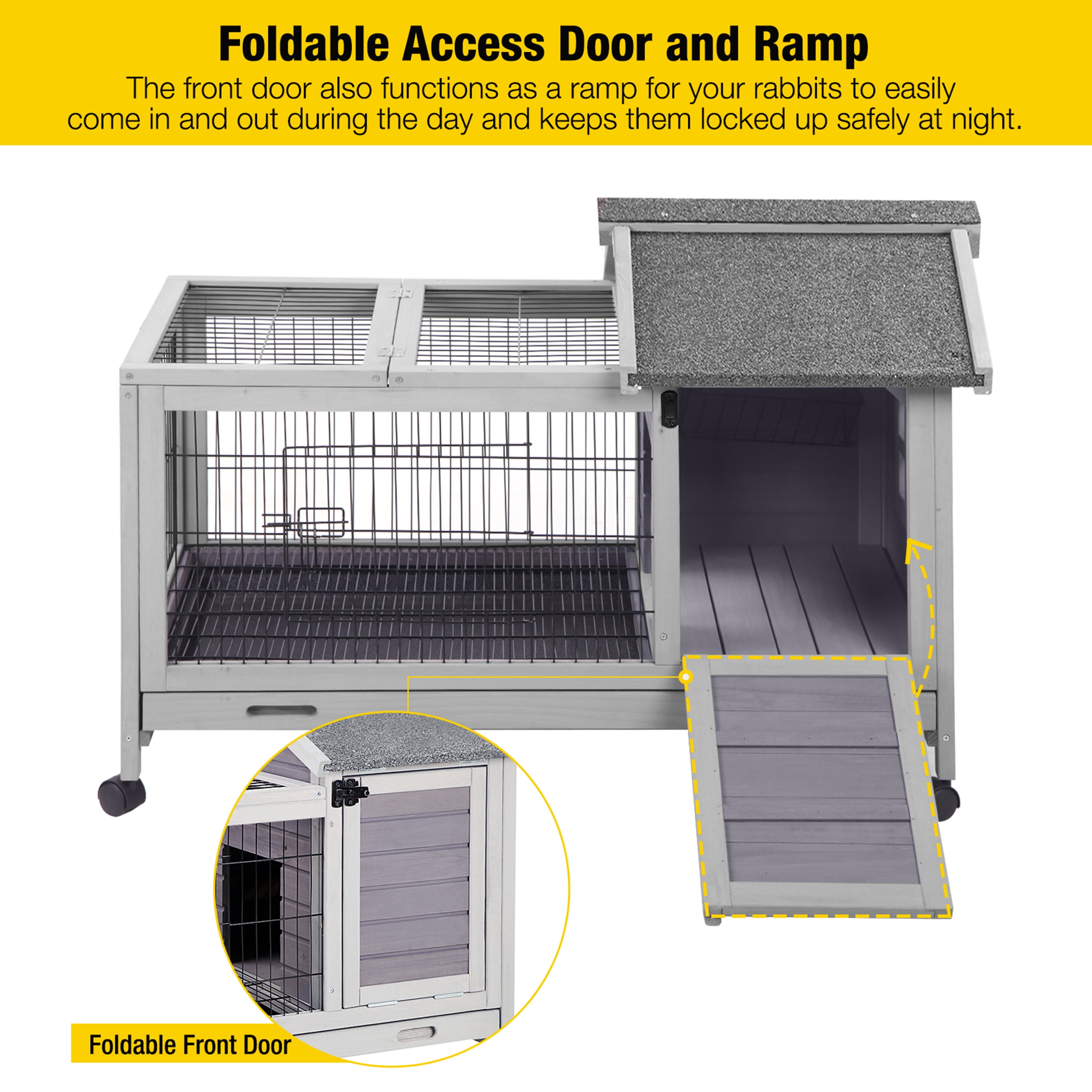 Aivituvin Rabbit Hutch Indoor and Outdoor, Rabbit Cage with Removable Wire Netting and Leak Proof Tray, Mobile Bunny Cage with Wheels