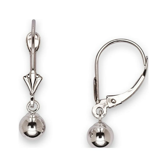 14k White Gold Dangling Shiny Polished Ball Leverback Earrings For Women (4 Sizes) White Gold 5 mm Ball Earring