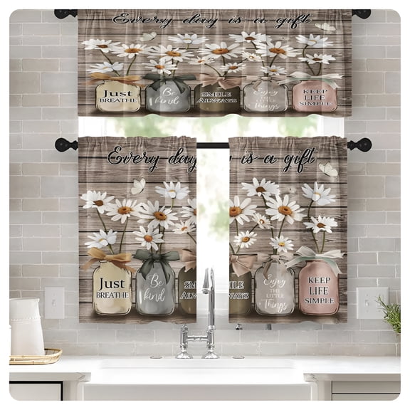 AUQ Farmhouse Floral Kitchen Window Curtains Valance and Tier Set 36 Inch,Daisy Rustic Vintage Flower Inspirational 3 Piece Window Treatment Tiers Kitchen Decor Country Wooden Drapes
