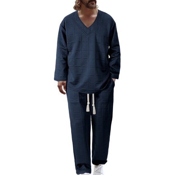 Ohufall V Neck Sets for Men Long Sleeve Loose Solid Color Drawstring Comfort Tops with Long Pants Casual Sets