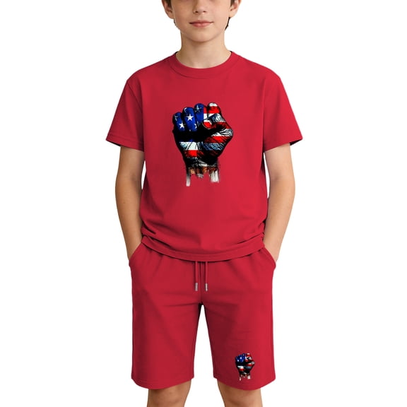 Kids Red 4th of July T-Shirt and Shorts Set, Unisex Patriotic American Flag Graphic Cotton Crew Neck Summer 2 Piece Outfit for Boys Girls,Size 7 T
