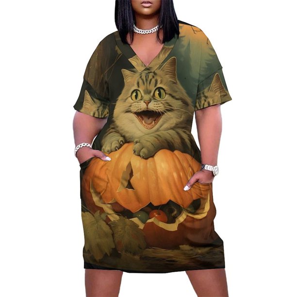 Retro Vintage: Gato y Calabaza - Delicias Otoñales Caprichosas Vestido de Bolsillo Suelto Ropa de Mujer Conjuntos Elegantes para Mujer